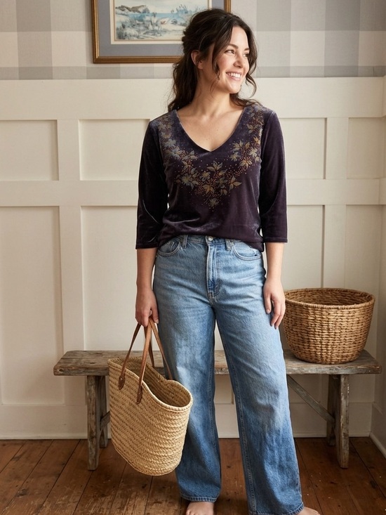 Tops - 90’s Vintage Women's Floral V-Neck Velvet Top in Deep Plum Large